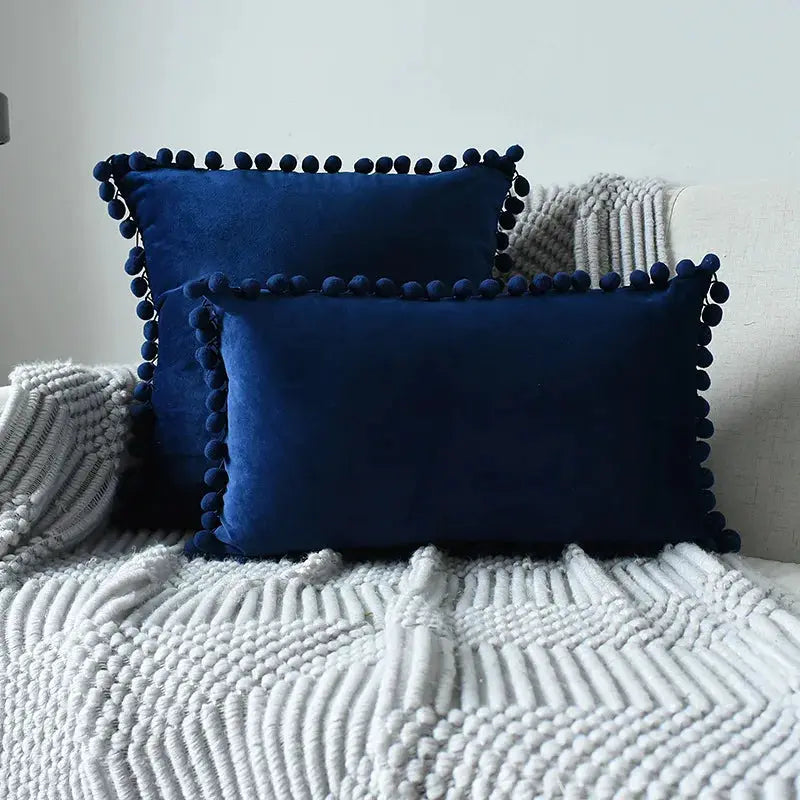 Navy velvet cushions with tassel fringe, set of 2 Boho sofa pillows