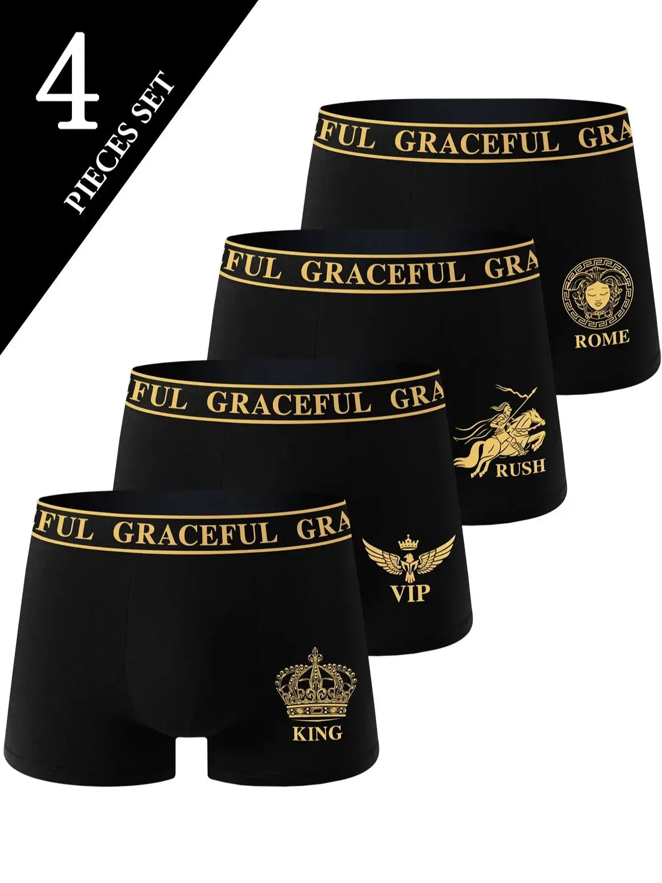 4-piece black men's boxer briefs with gold waistband branding and crest logos by Simples Market
