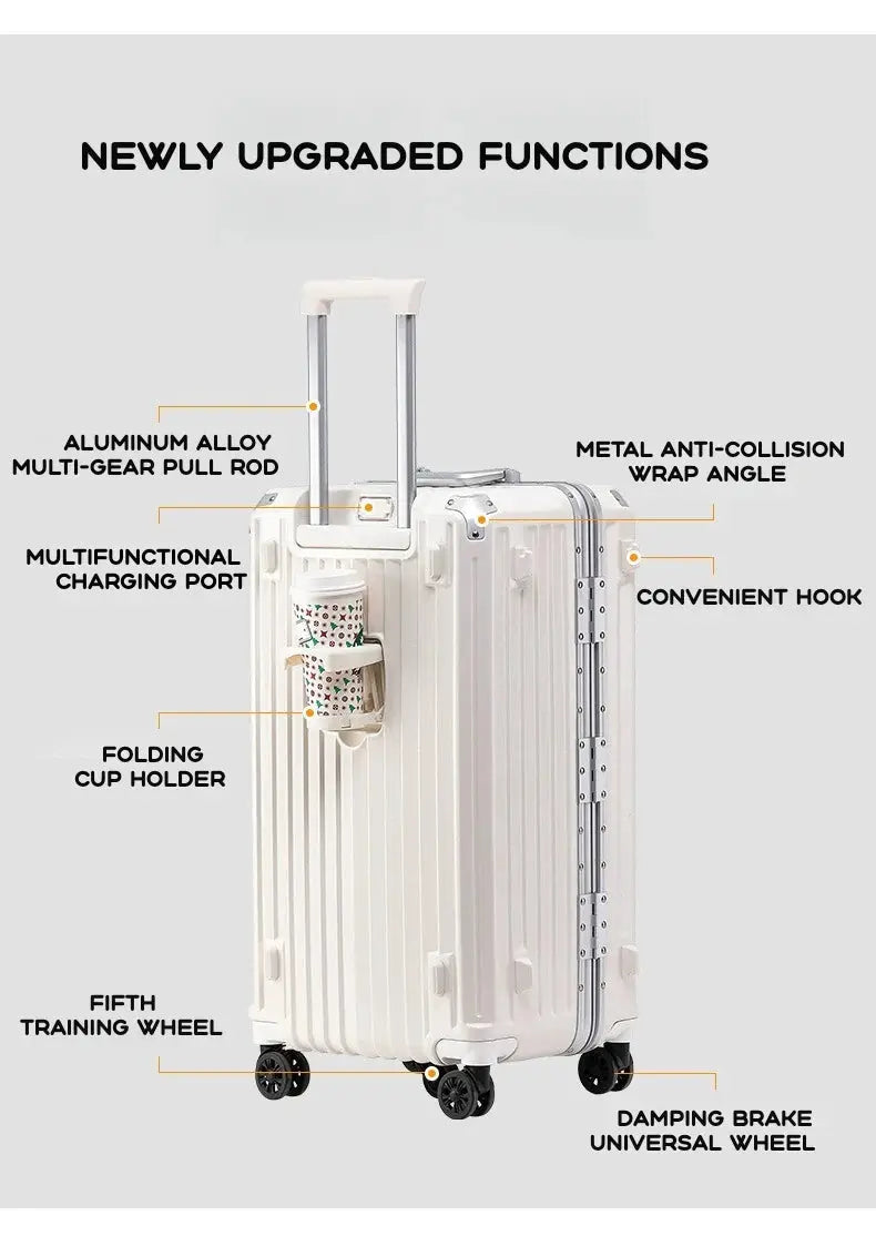 White hard-shell carry-on luggage with extendable handle and four spinner wheels