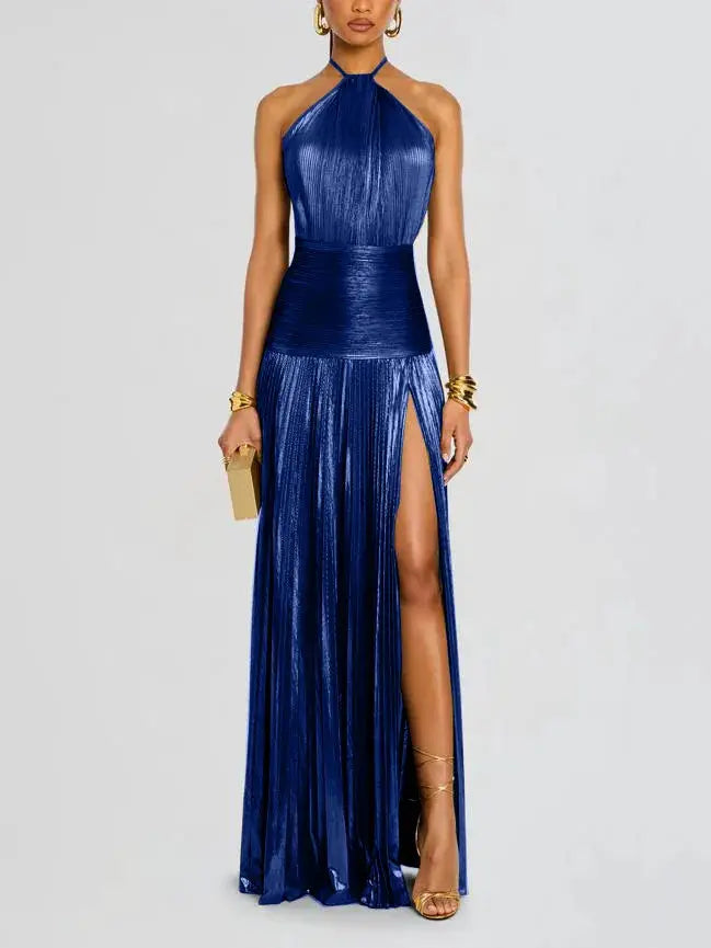 Aurora Gold Halter Neck Evening Dress With Backless Pleated Silhouette And Hip Slit For Formal Occasions