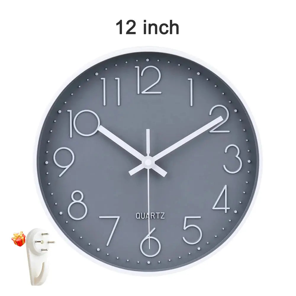 12-inch gray wall clock with white numerals and hands, white frame, quartz movement for home decor