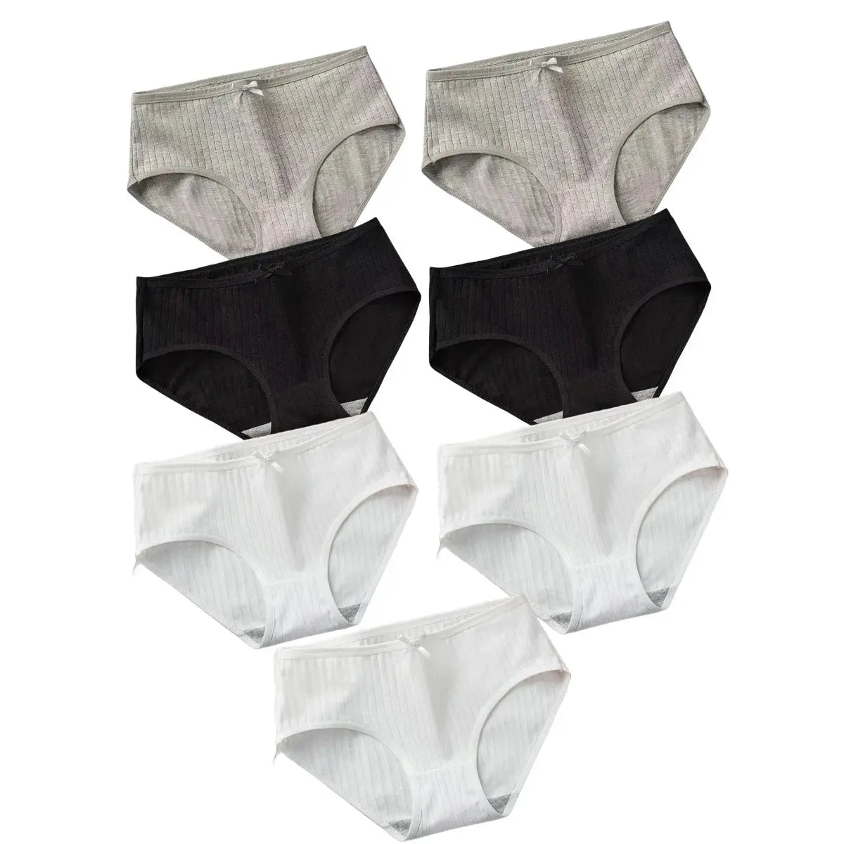 Women's cotton ribbed mid-rise panties set, 7 pcs in gray, black and white with bow details