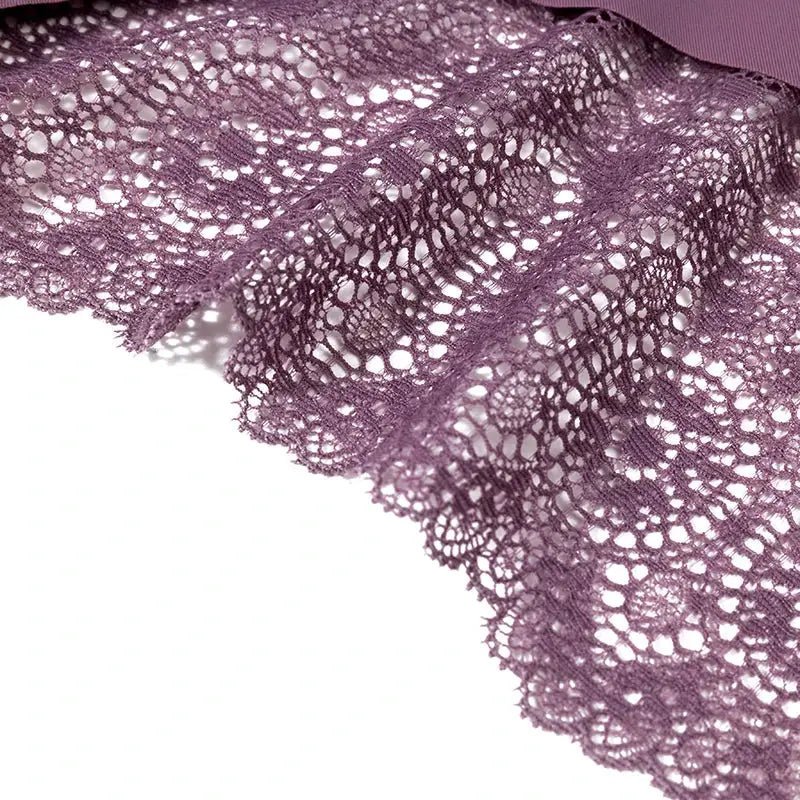 Purple lace fabric with floral pattern for women's underwear; delicate and sheer.