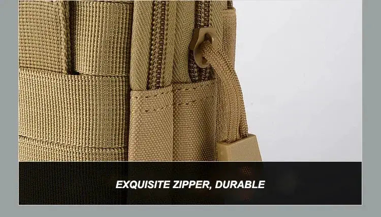 Tactical leg bag in tan fabric with durable zippered pockets and rugged straps