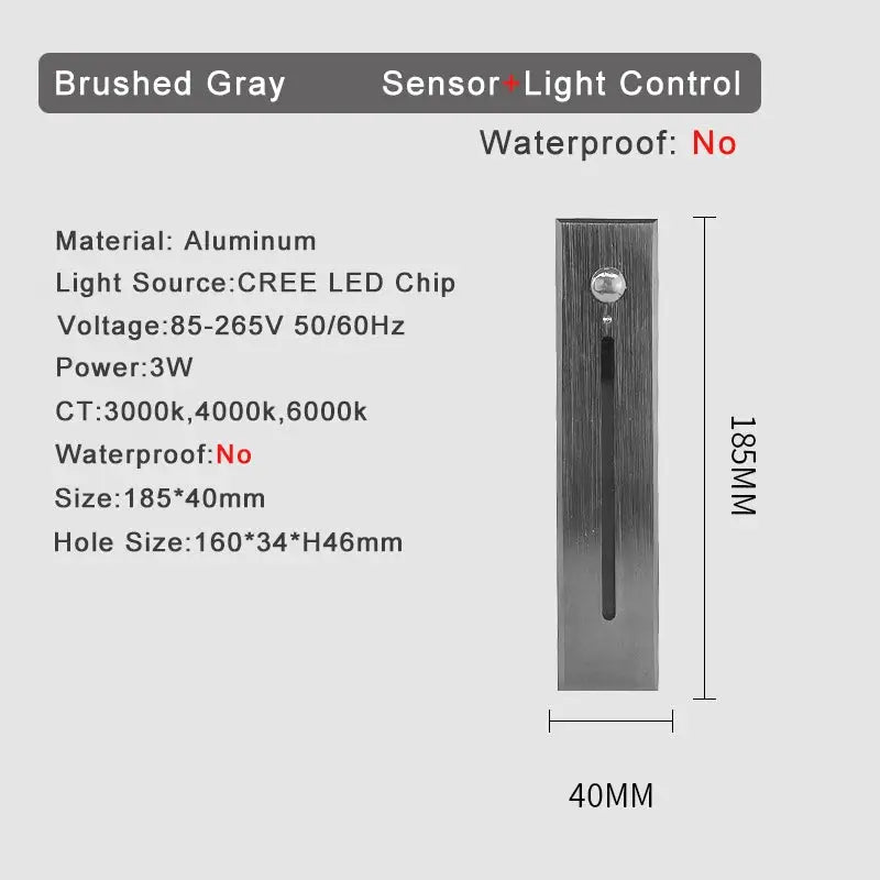 SANDIY smart stair wall lamp with motion sensor, brushed gray aluminum, 3W by Simples Market
