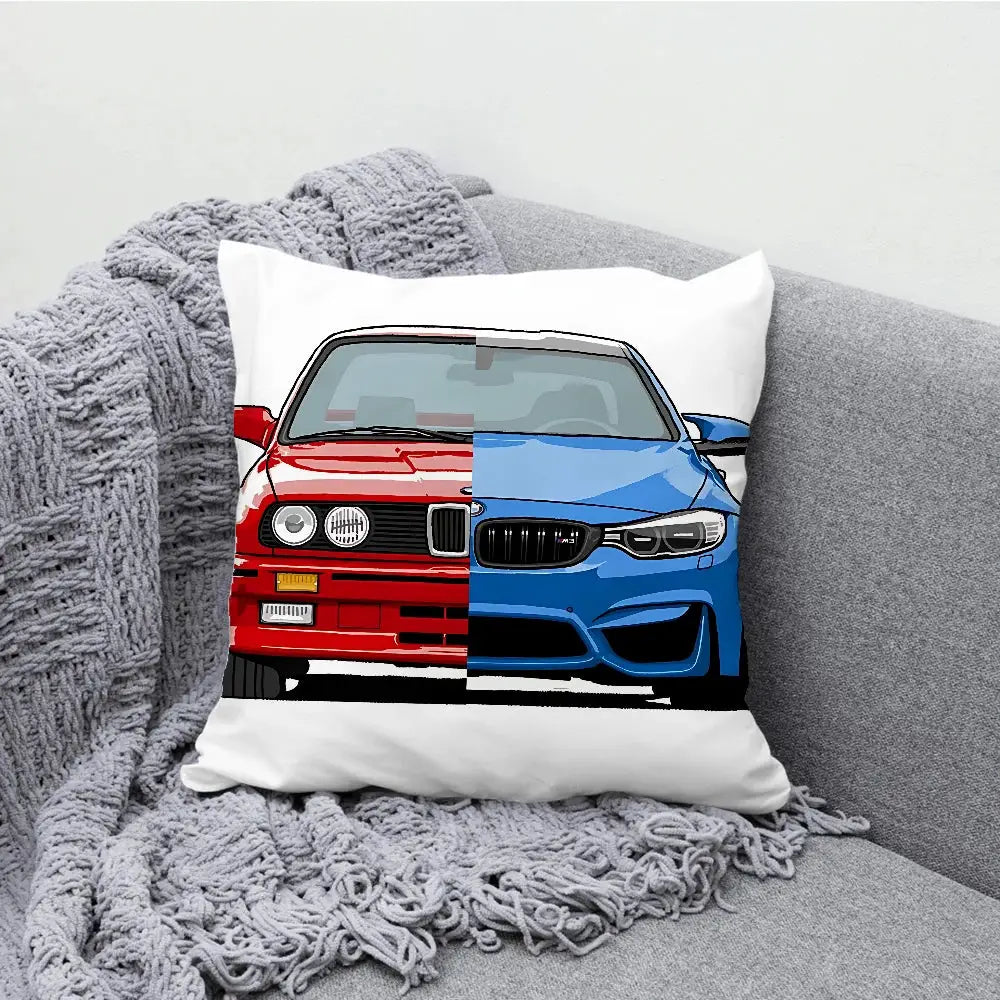 G-GTI car pillow case with split red and blue car artwork for farmhouse decor by Simples Market