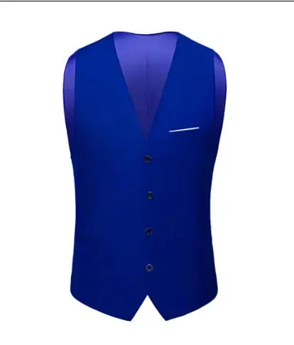 Men's blue suit vest waistcoat with five-button front and white pocket square accent.