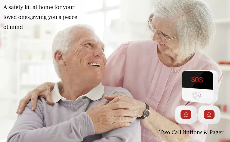 Simples Market wireless medical alert pager system with SOS screen and two red call buttons