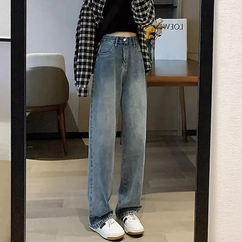 Womens Vintage Wide Leg Jeans High Waist Denim Pants Black Grey Blue