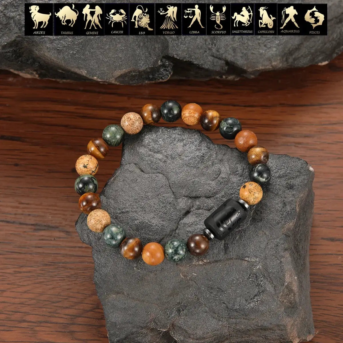 Natural Stone Tiger Eye Picture Jasper Round Beads 12 Constellations Unisex Bracelet