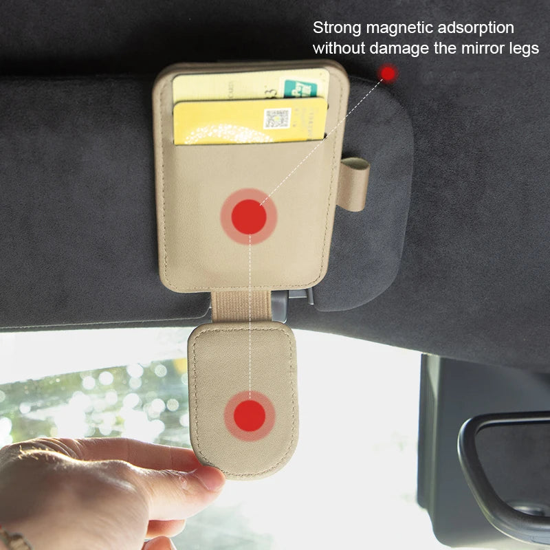 JFBONIN leather car sun visor sunglasses holder with magnetic clip and card pocket by Simples Market