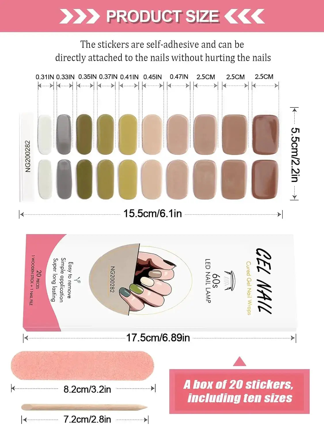 Gel nail wraps set by Simples Market; semi-cured full-cover stickers in neutral tones, 20 pieces for UV lamp manicure.