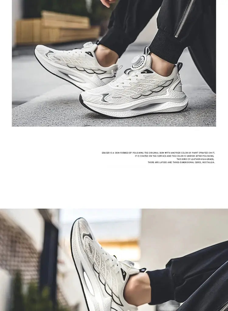 Men's summer breathable casual sports shoes, white mesh with rotating buckle dial for outdoor and daily wear.
