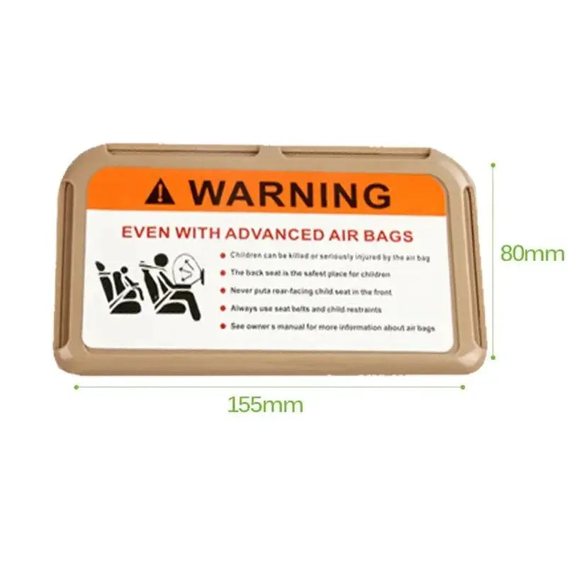 Beige car sun visor card clip organizer with orange warning label, 155mm x 80mm.