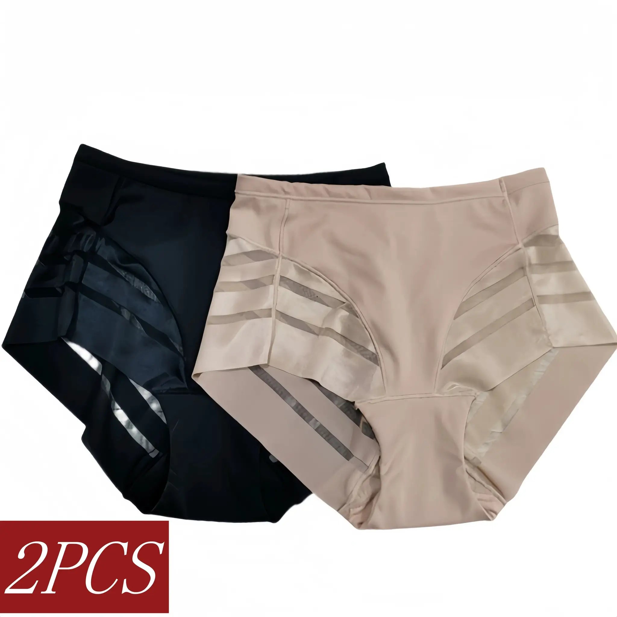 2-piece Simples Market women's ice silk tummy-control panties, mid-waist shaping with mesh splice in black and beige