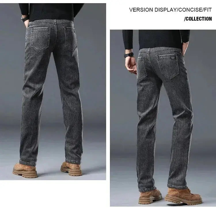 Men's black straight-stretch denim jeans with thick velvet fleece lining by Simples Market