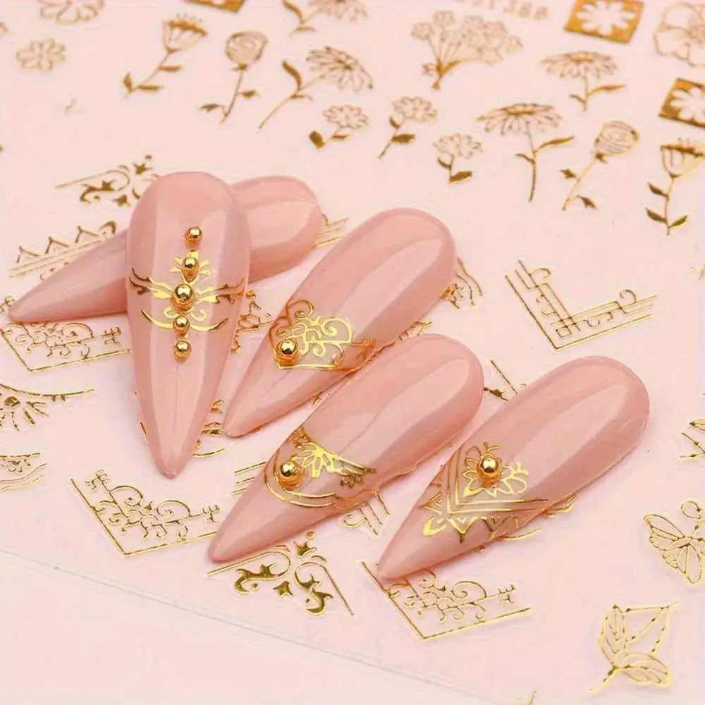 Nail art stickers by Simples Market: 30 sheets of golden floral 3D leaf and flower designs for DIY manicure.