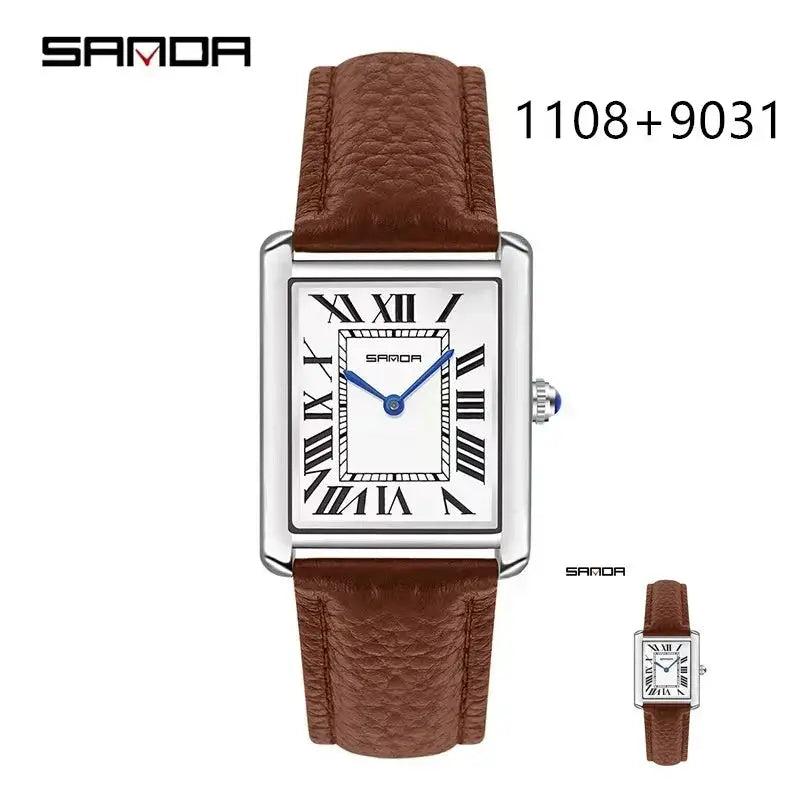 SAMOA rectangular quartz watch with brown leather strap, silver case, white Roman-numeral dial and blue hands.
