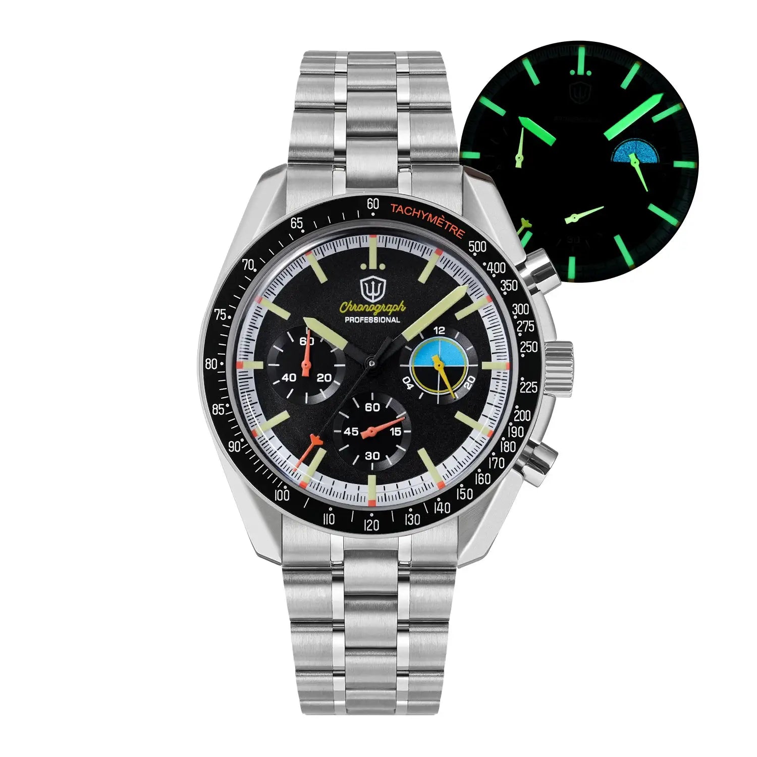 Watchdives WD1863 chronograph watch with stainless steel bracelet, black dial, tachymeter bezel and luminous hands