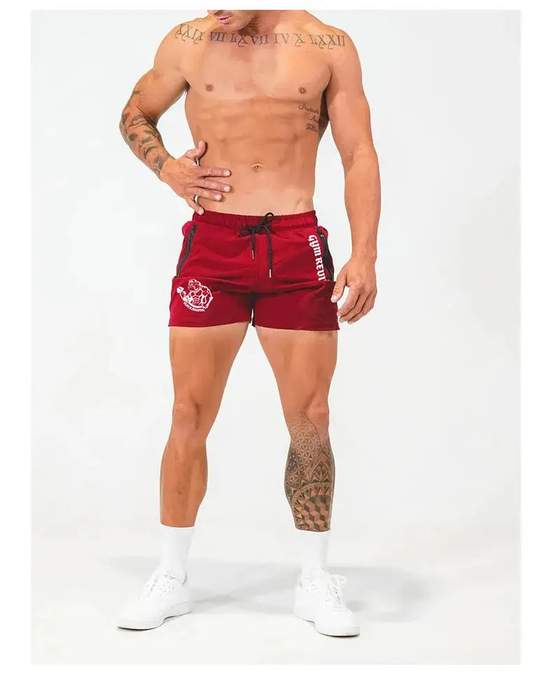 Men's printed red gym shorts with side double-zipper pockets, quick-dry fabric for running and training, Simples Market
