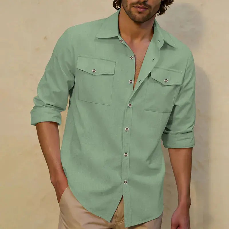 Men's mint green linen long-sleeve shirt with dual chest pockets and rolled sleeves