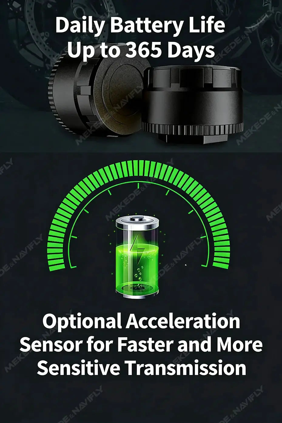 Navifly car TPMS device by Simples Market; black tire-pressure monitor and green battery gauge graphic