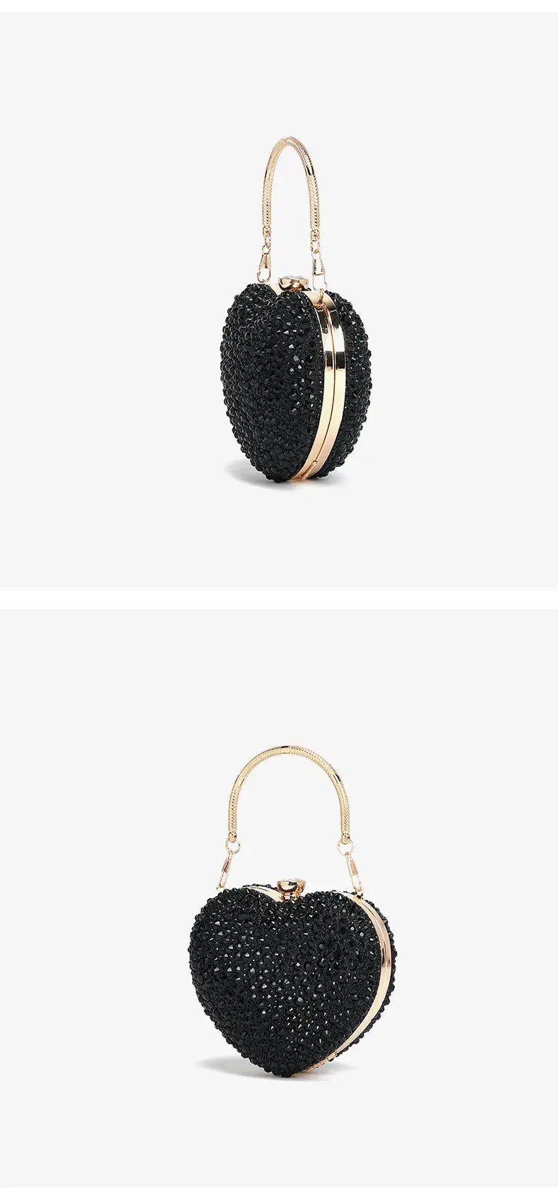 Heart-shaped black crystal clutch with a gold-tone frame and top handle.