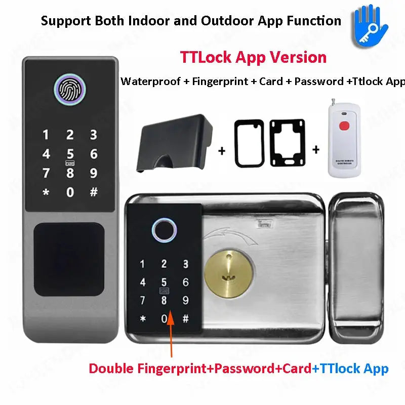 Tuya WiFi double-sided fingerprint door lock with silver body and black keypad, RFID card, TTLock App by Simples Market