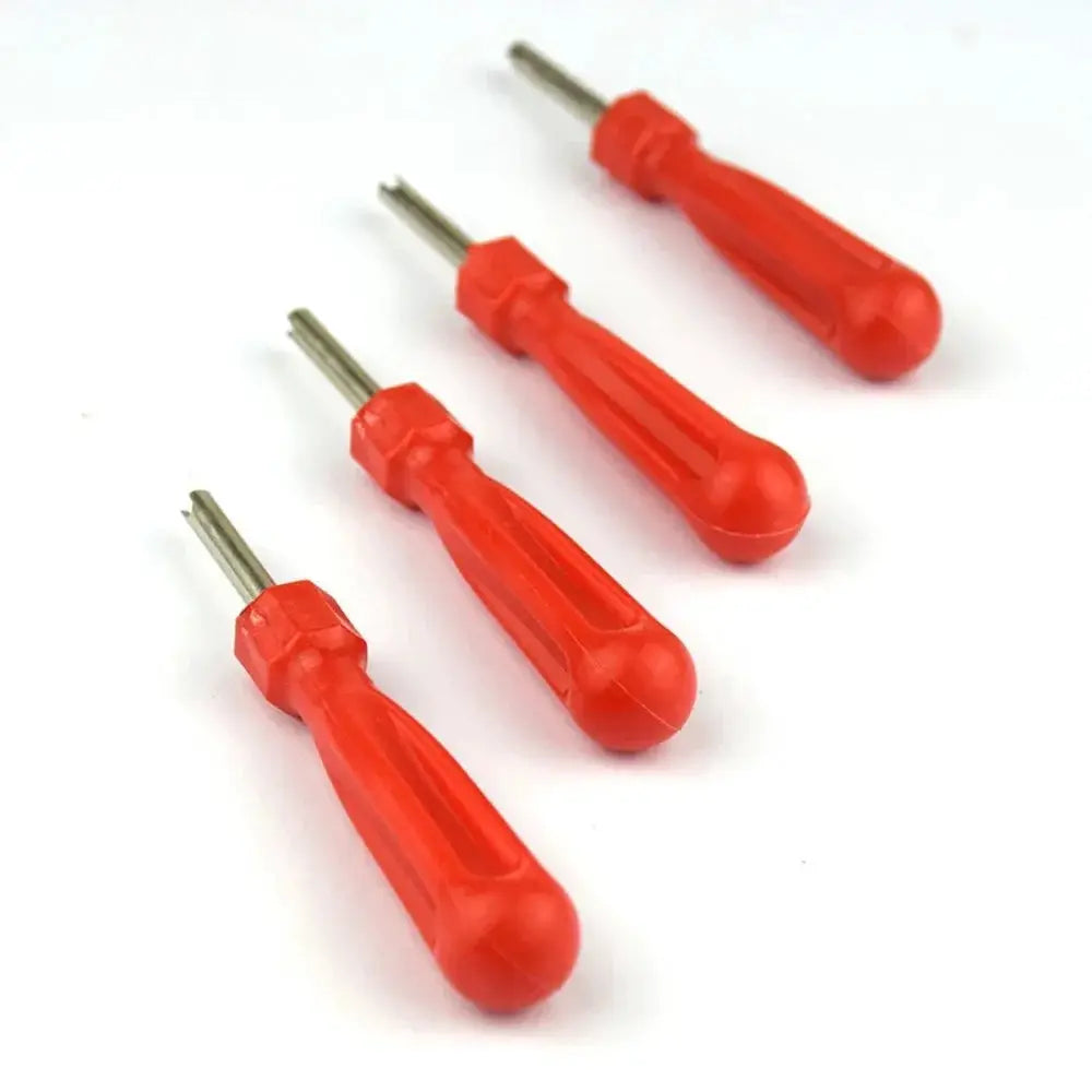Simples Market 4-piece valve core removal tools kit with red handles and zinc-plated shafts for car, truck, bike, motorcycle wheels