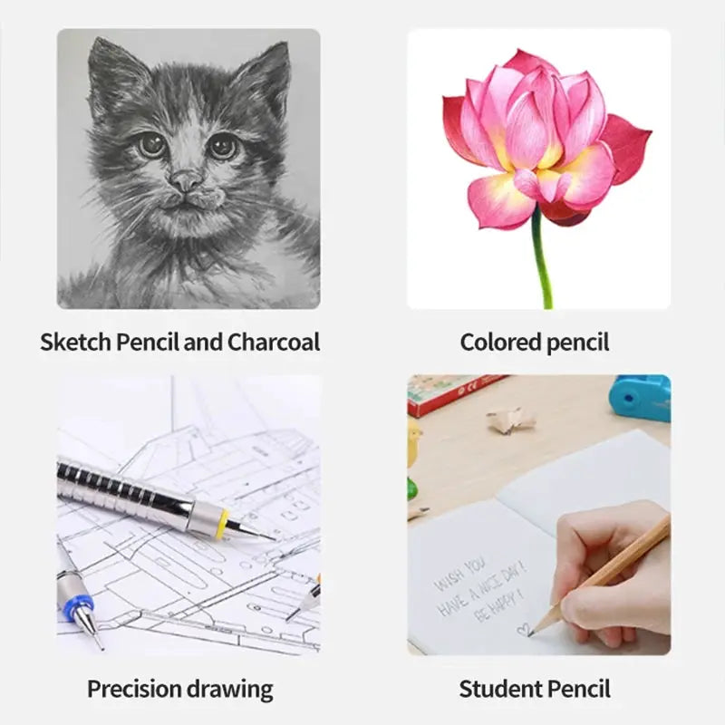 Pencil set collage showing sketch/charcoal pencils, colored pencils, precision drawing pencils, and student pencils.