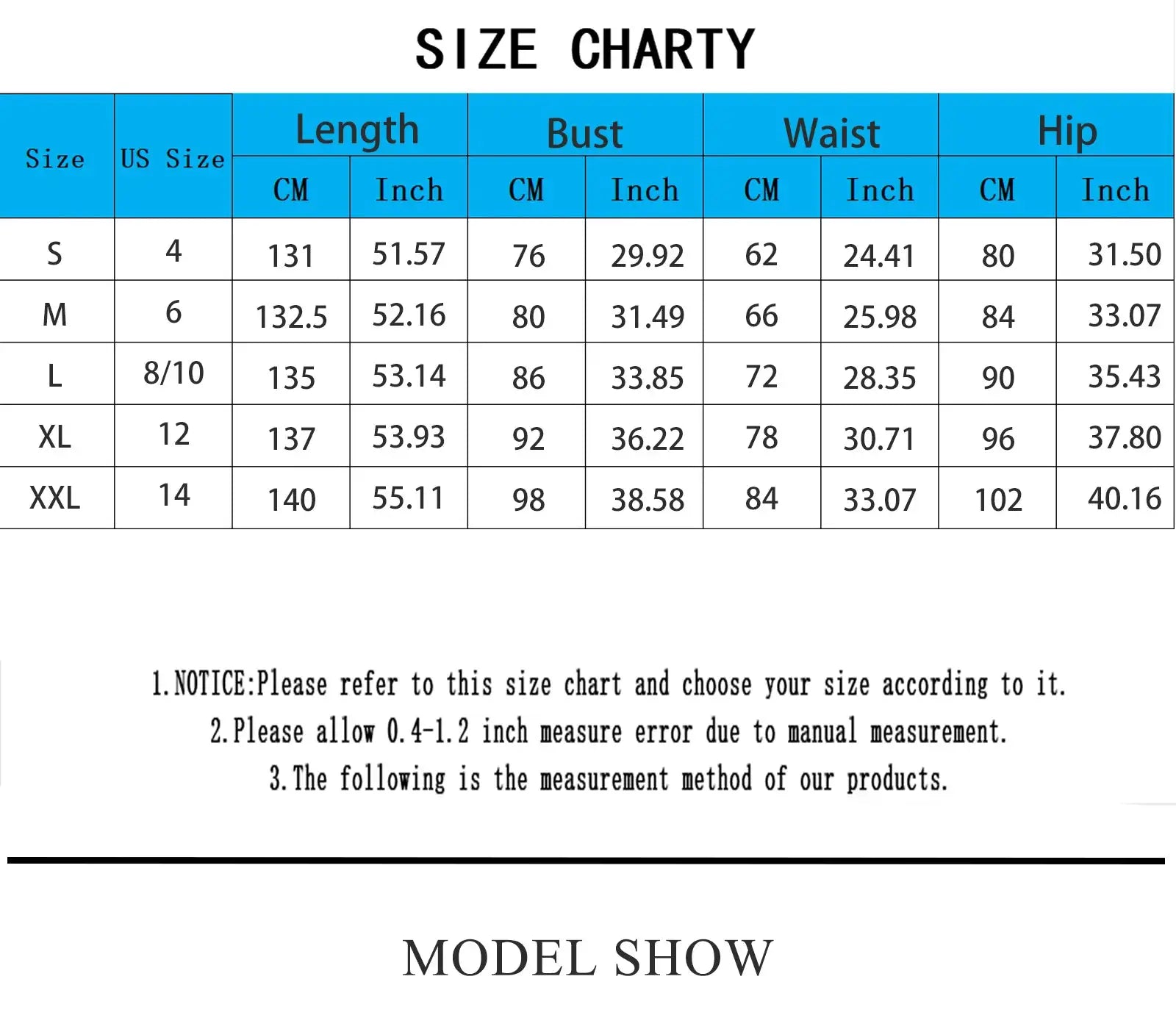 Size chart for women's rompers showing size S–XXL with length, bust, waist, hip, and cm/inch measurements.