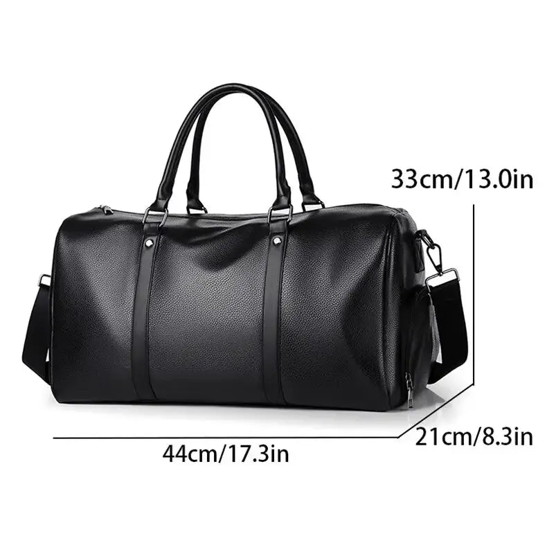 Simples Market black PU leather duffel bag, large-capacity sports travel bag with dual top handles and shoulder strap