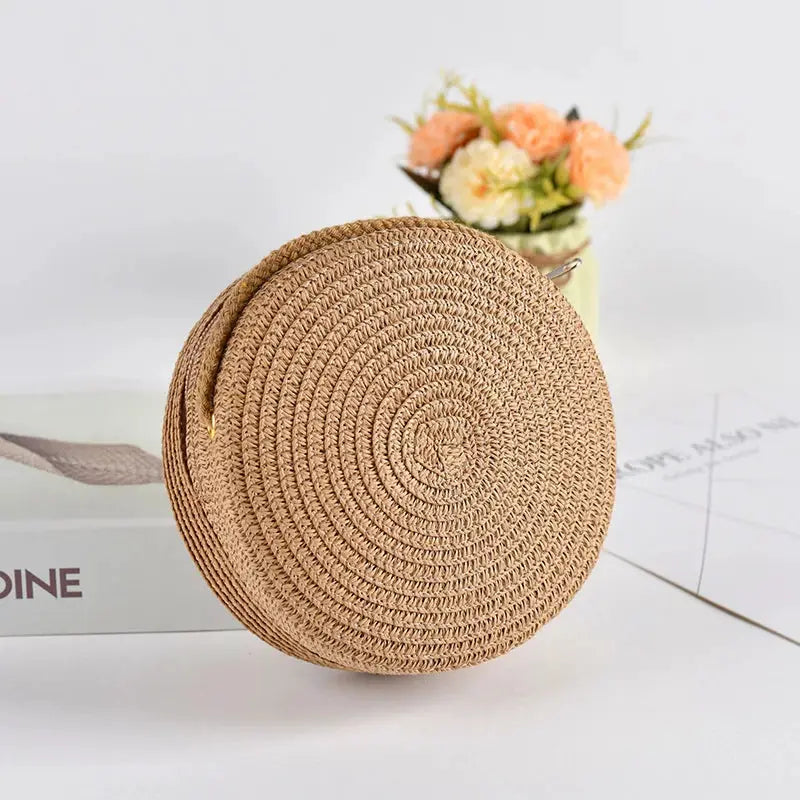 Summer Round Straw Bag for Women Handmade Woven Shoulder Bag Travel Rattan Beach Crossbody Bag