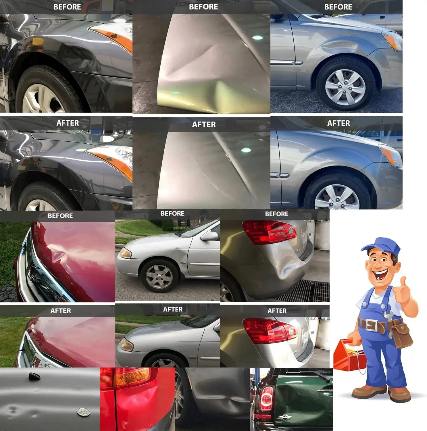 Car Dent Repair Puller kit with 18 glue tabs and plastiT-Handle; before-after dent collage by Simples Market