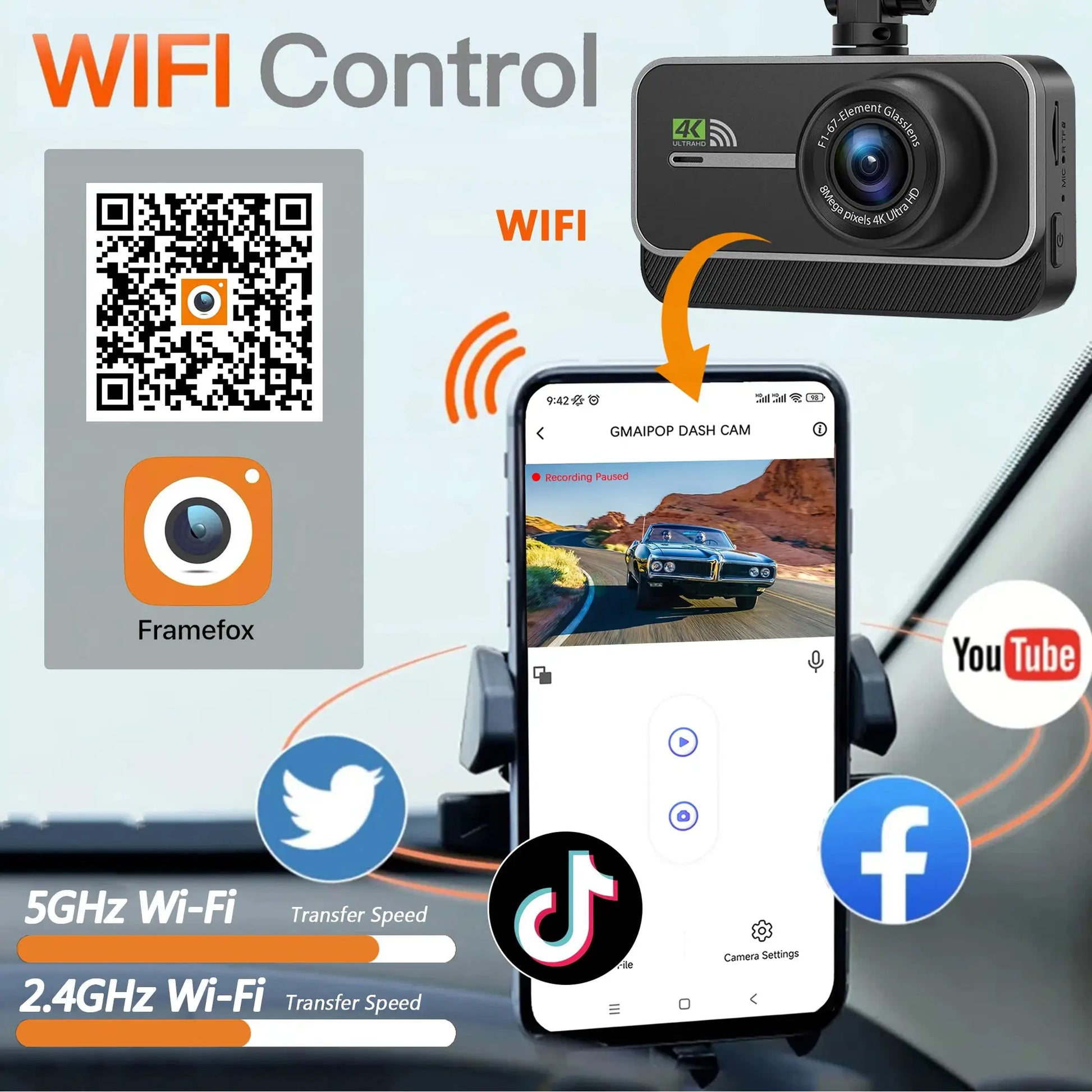 4K dash cam for cars by Simples Market with front and rear cameras, Wi-Fi, 24h parking mode