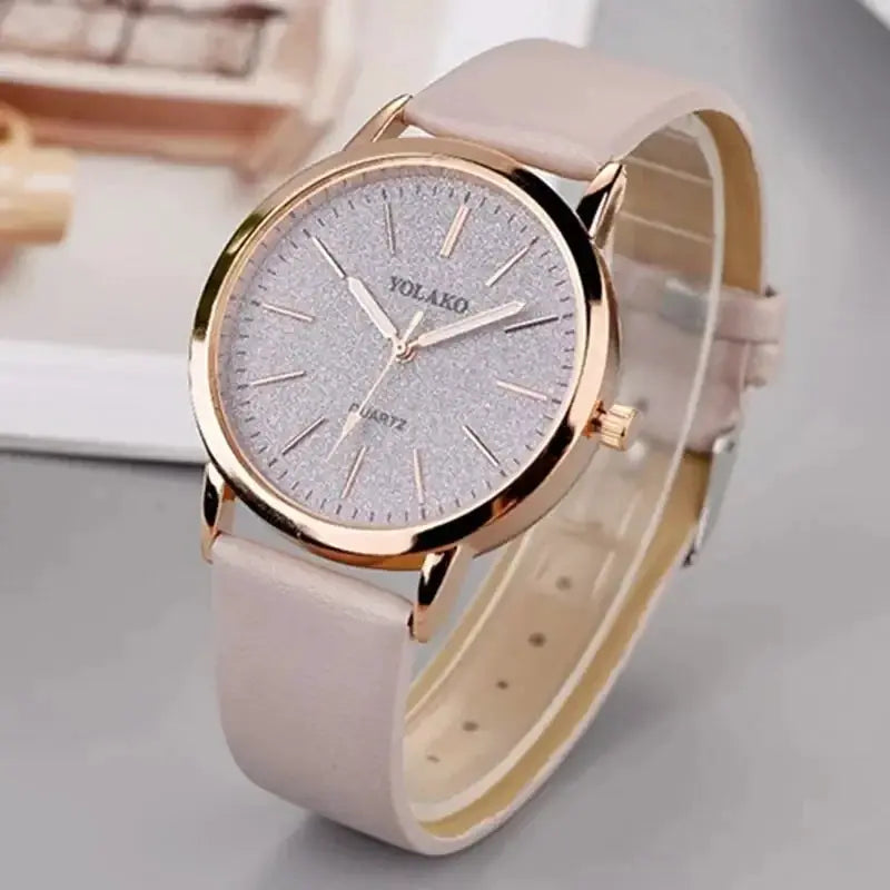 YOLAKO women's quartz watch with rose-gold case and beige leather strap