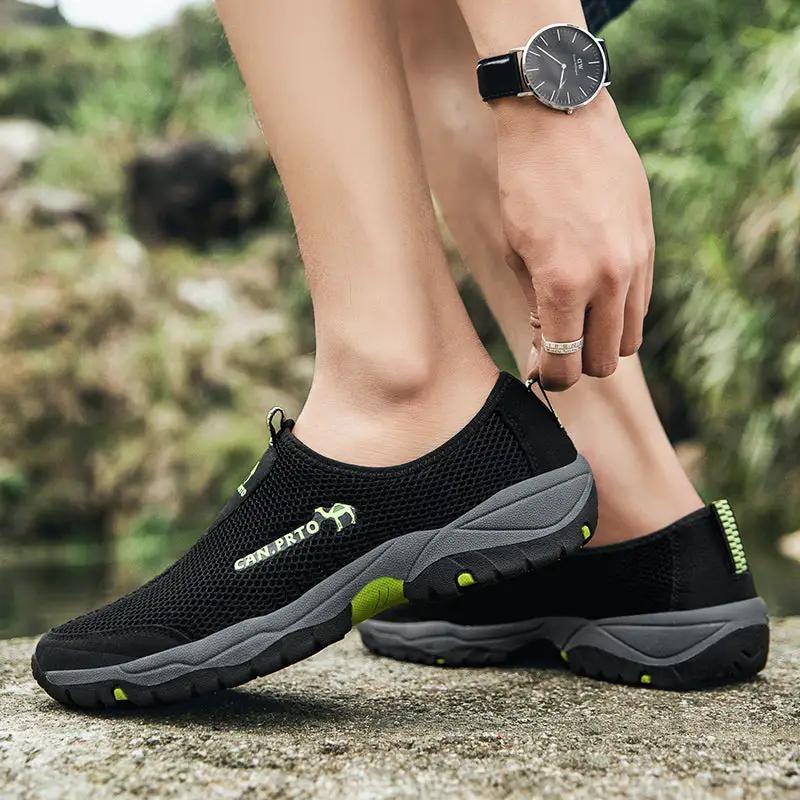 Men's mesh slip-on casual shoes, black breathable outdoor sneakers with gray sole and lime-green accents