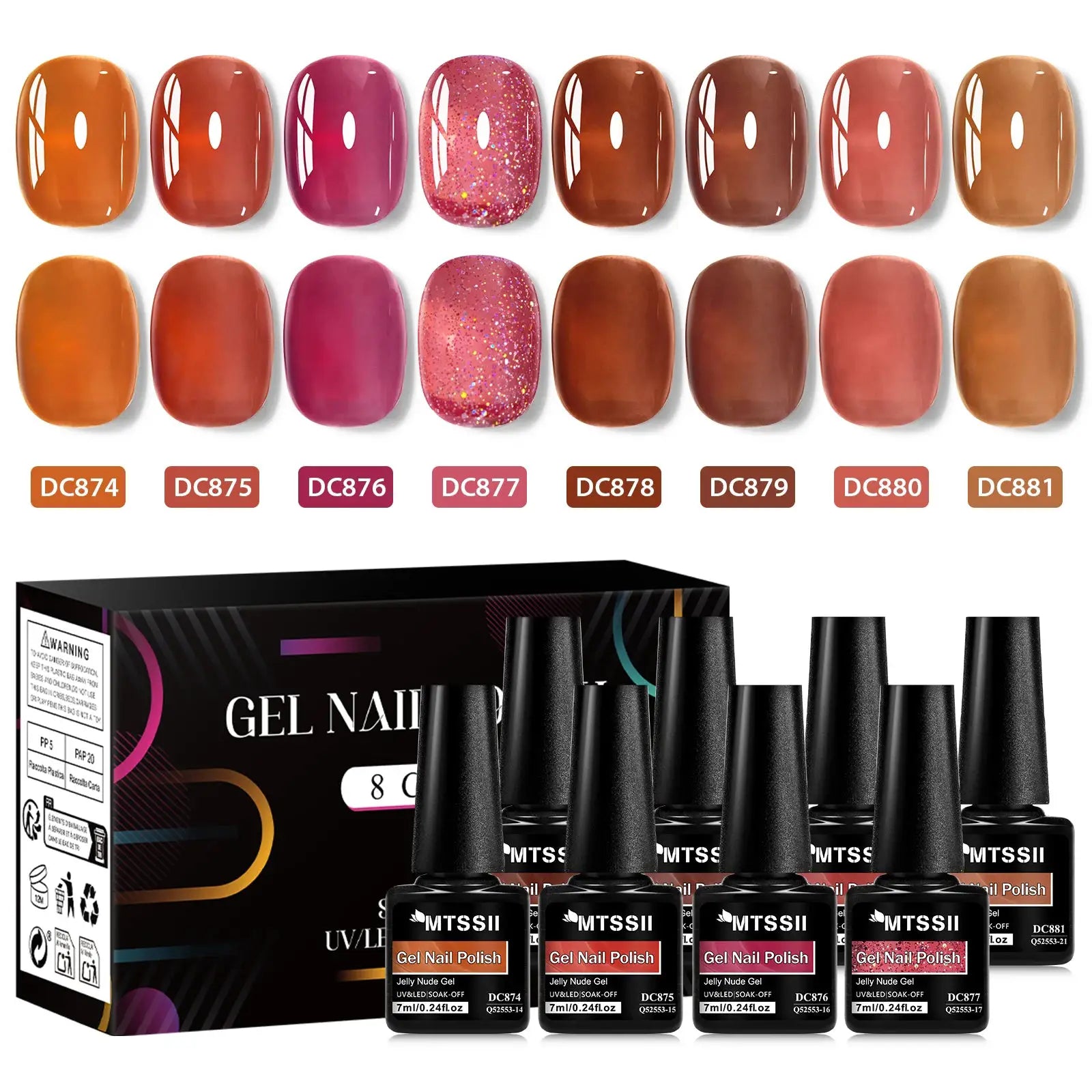Simples Market 8-piece nude jelly gel nail polish set with box; includes DC874-DC881 swatches