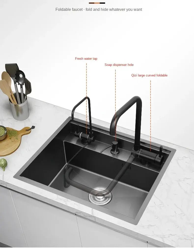 Nano hidden kitchen sink 55x45x23 cm by Simples Market in 304 stainless steel with foldable faucet