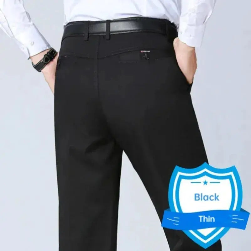 Men's black office pants, 100% cotton, high-waist straight loose fit