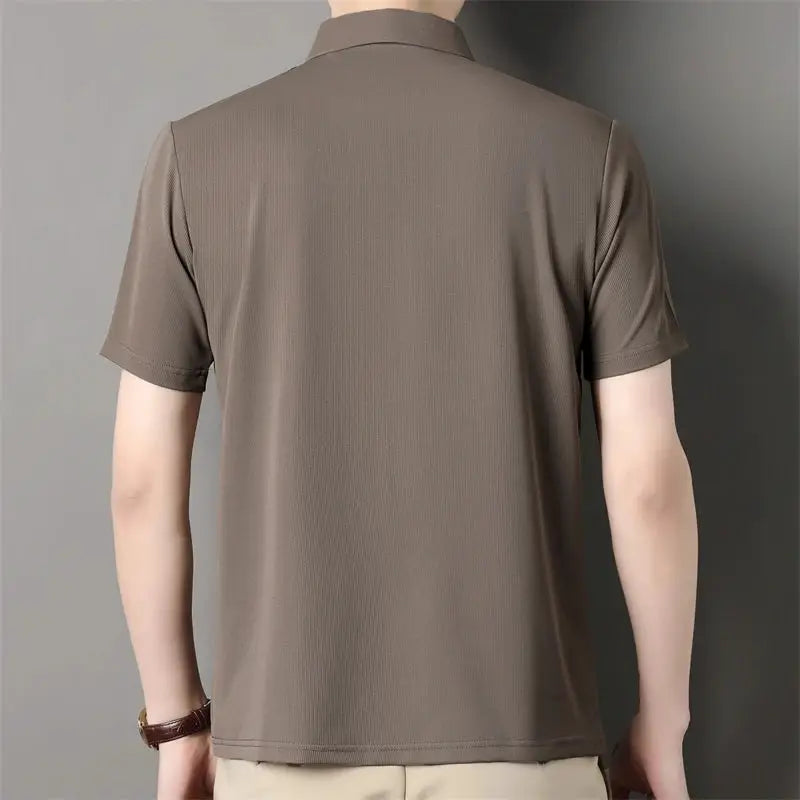 Men's short-sleeve polo shirt, taupe solid color, breathable fabric, back view.