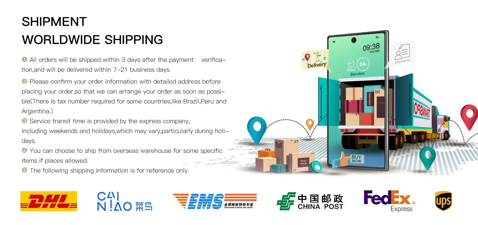 Worldwide shipping banner with delivery truck, boxes, map pins and logos for DHL, Cainiao, EMS, China Post, FedEx, UPS.