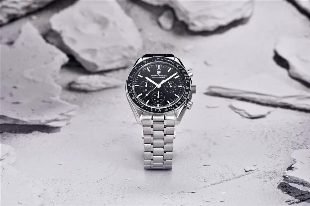PAGANI DESIGN men's stainless steel chronograph watch with black dial sapphire crystal and silver bracelet