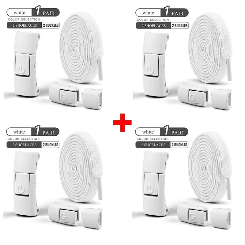 No-tie elastic shoelaces with press-lock, white, Simples Market, 4 pairs, 8mm wide, flat sneaker laces.