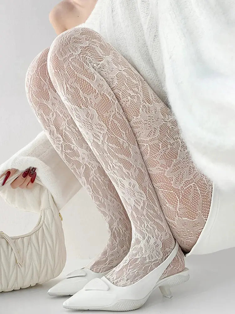 LuxeWear White Fishnet Stockings for Women Floral Mesh Pantyhose High Waist Tights Slimming Breathable Comfort