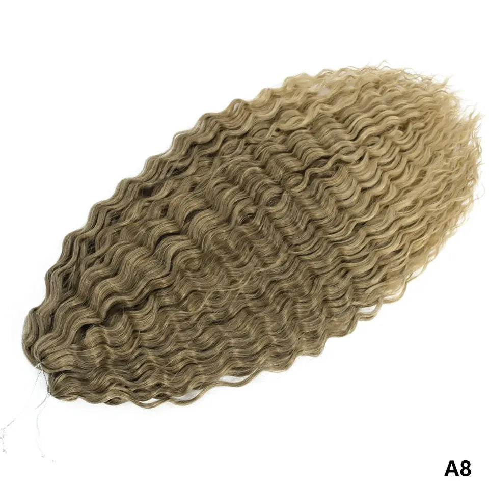 Ariel Curls crochet hair extensions, water-wave Afro curls, ombre blonde to light brown, synthetic