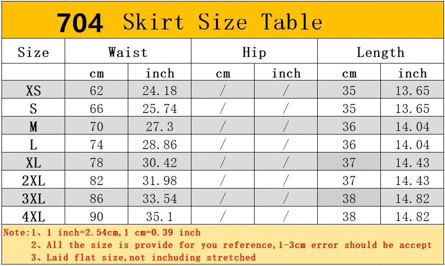 Skirt size chart with waist and length measurements for XS-4XL.