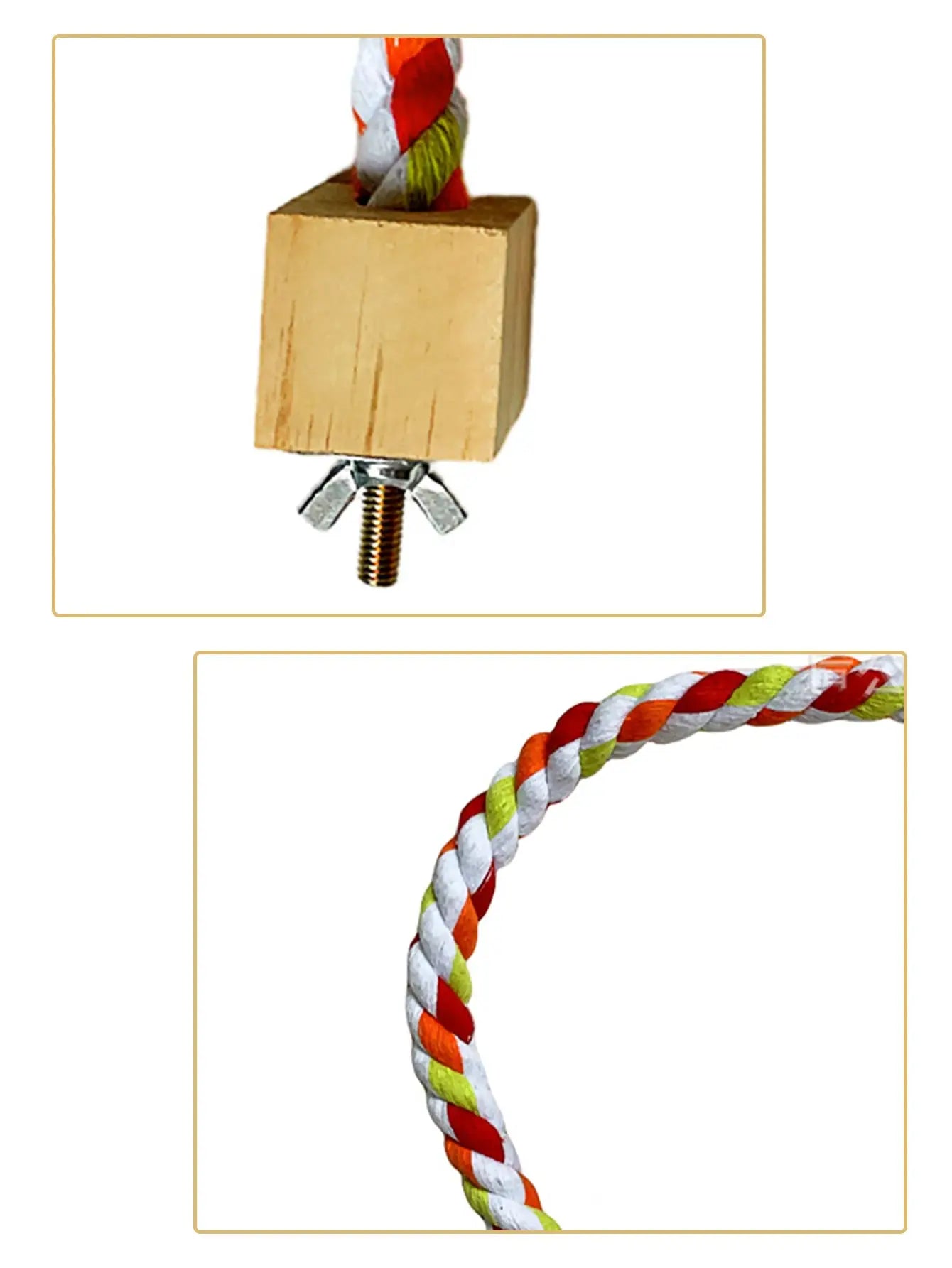 2-piece parrot bite toy set: wooden block anchor and twisted colorful cotton rope with sturdy metal fasteners
