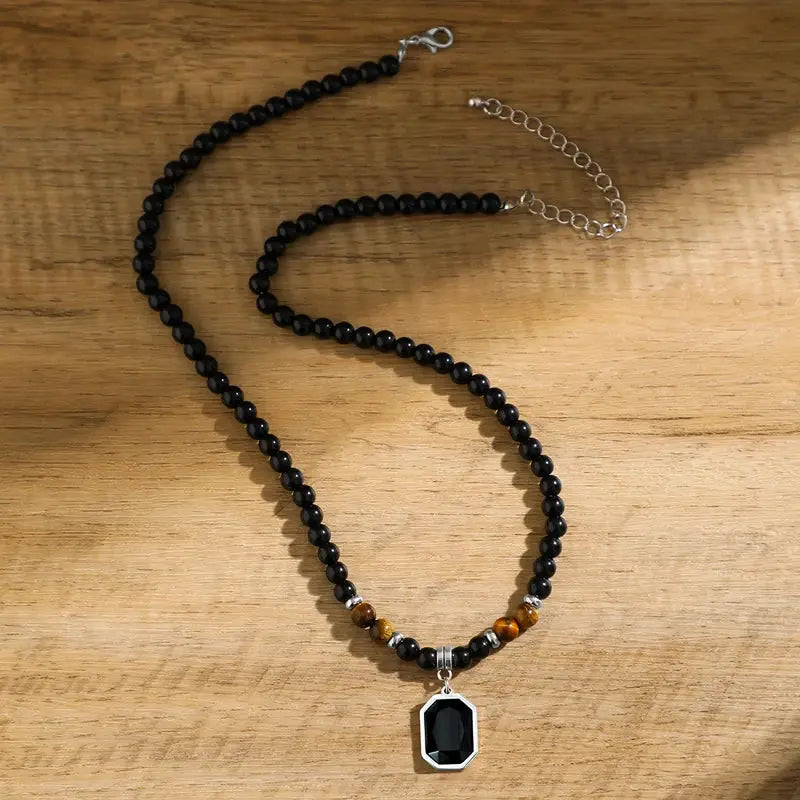 Salircon black tiger stone beaded clavicle necklace with geometric pendant on stainless steel chain, Simples Market