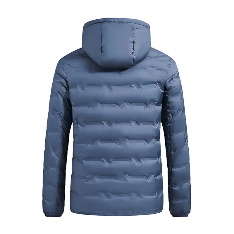 Men's blue down-filled puffer jacket with hood, quilted warmth for winter